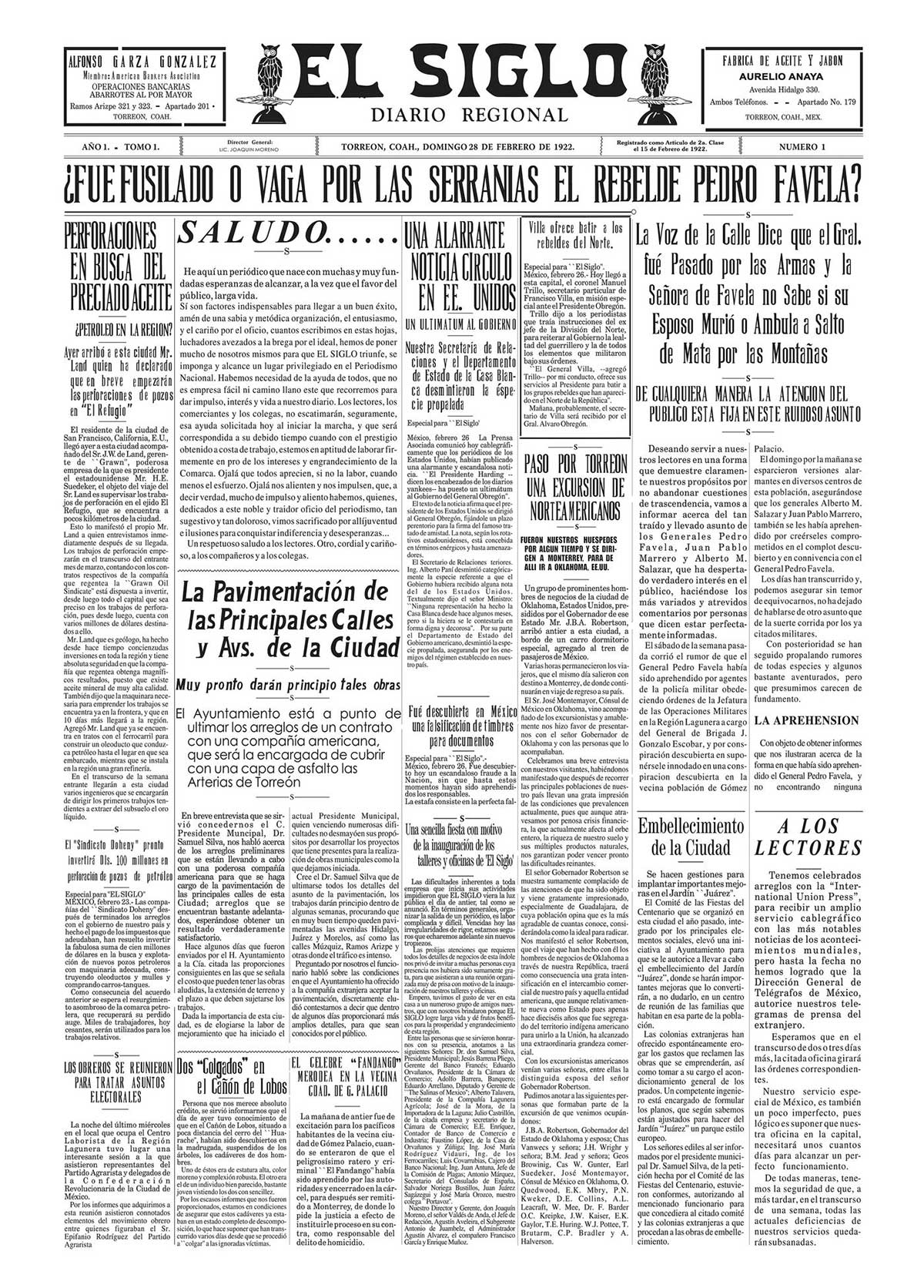 Primer ejemplar de El Siglo de Torreón